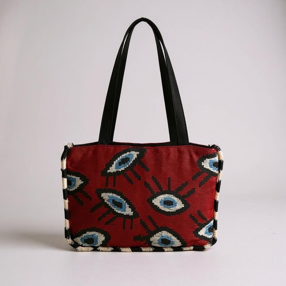 Handmade Evil Eye Red Patterned Tote Bag